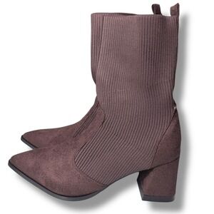 NIB Choc. Brown Pull On Sock Boots Pointed Toe Block Heel Size 10 41 Boutique